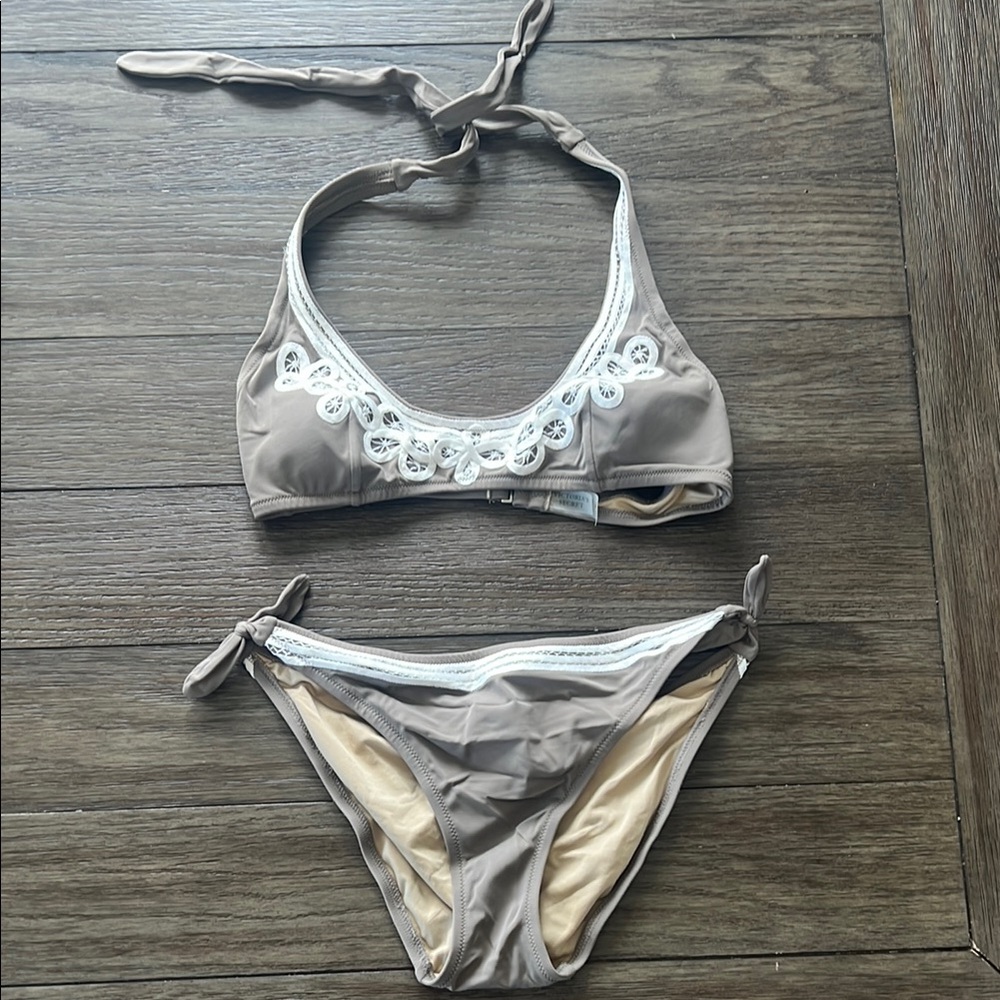 Stylish Tan Bikini with White Embroidery